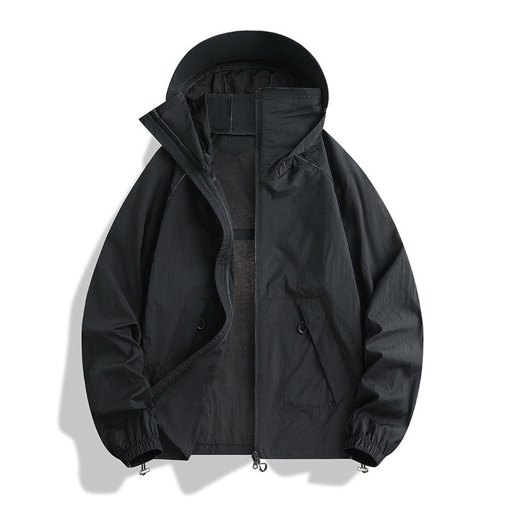 Herr Lätt Wind och Water-Resistant med Huva Övergångsjacka med Adjustable Fåll Dragsko och Tvåvägsdragkedja