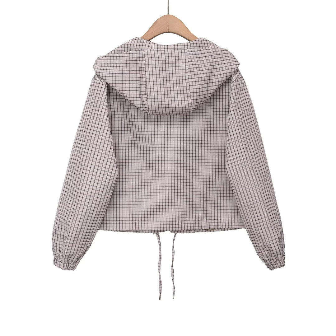 Dam Kort Skärning med Huva Jacka med Check Quiltad Mönster, Dragkedja och Drawstring