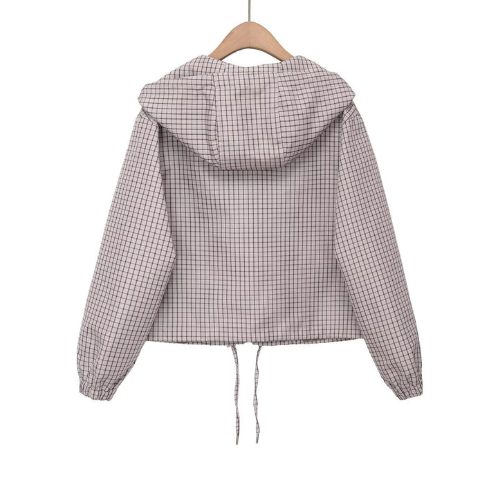 Dam Kort Skärning med Huva Jacka med Check Quiltad Mönster, Dragkedja och Drawstring
