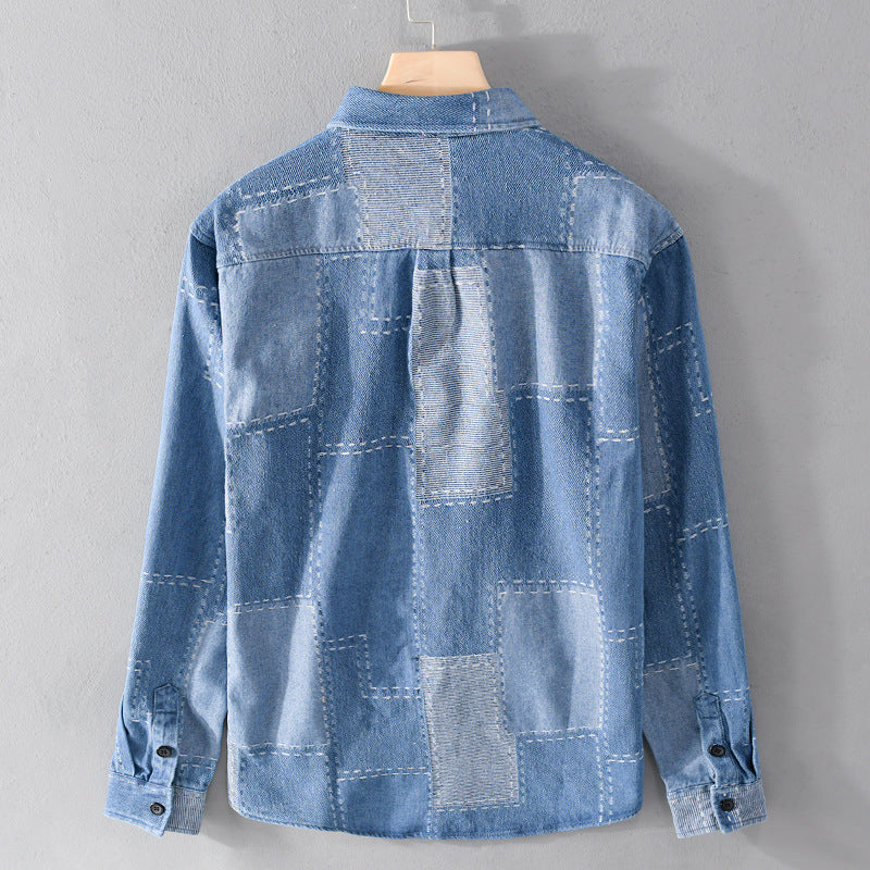 Herr Patchwork Skjortjacka Tillverkad av Texturerad Denim med Synlig Sömmar och Bröstficka