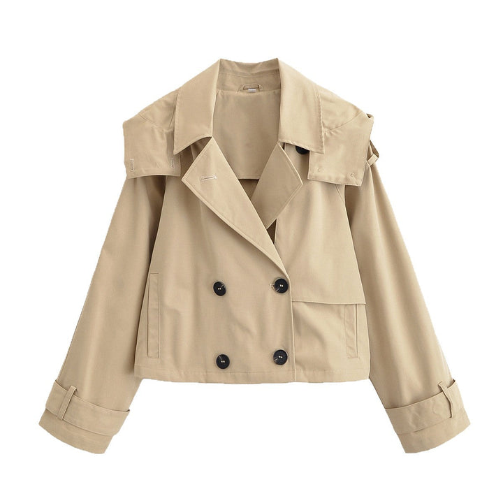 Dam Kort Jacka i Trenchcoat Stil med Dubbel-Breasted Knapplist och Adjustable Muddar