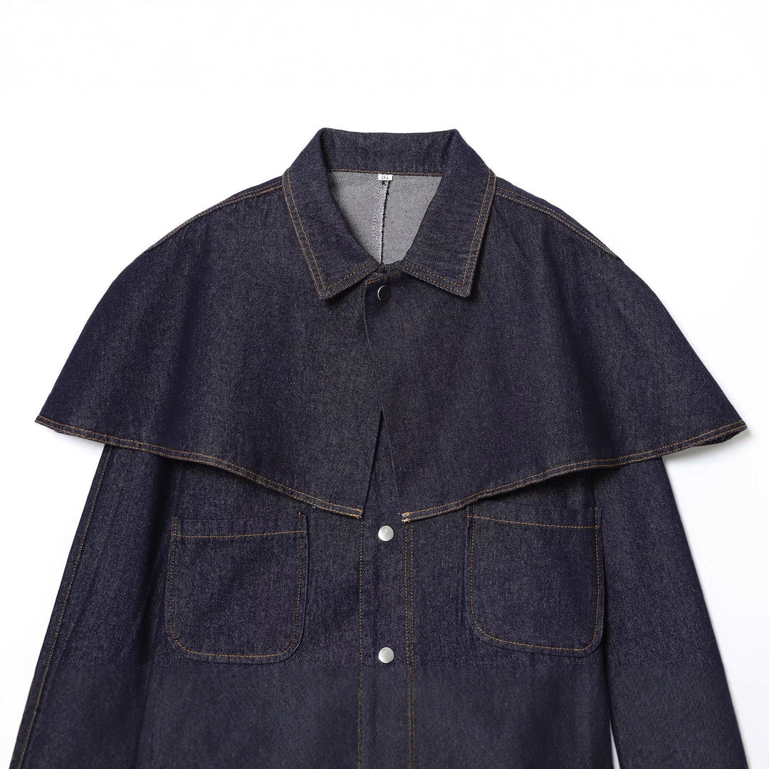Dam kort jeans jacka med Cape Insert, Flap fickor och tryckknappar