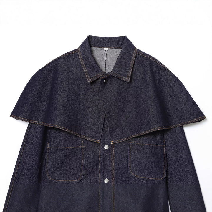 Dam kort jeans jacka med Cape Insert, Flap fickor och tryckknappar