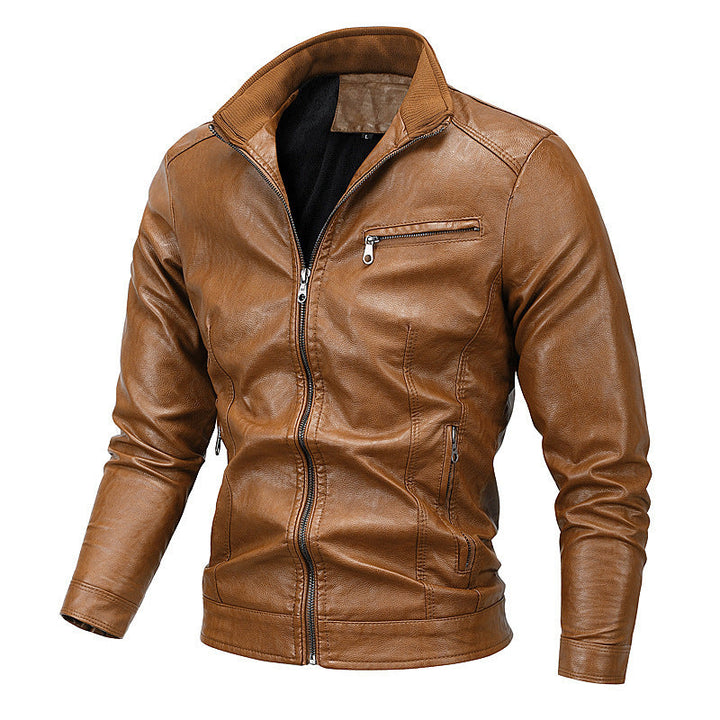 Herr Moto Blouson i Läder Look med en Figurnära Skärning, Stående Krage och Zip Fickor