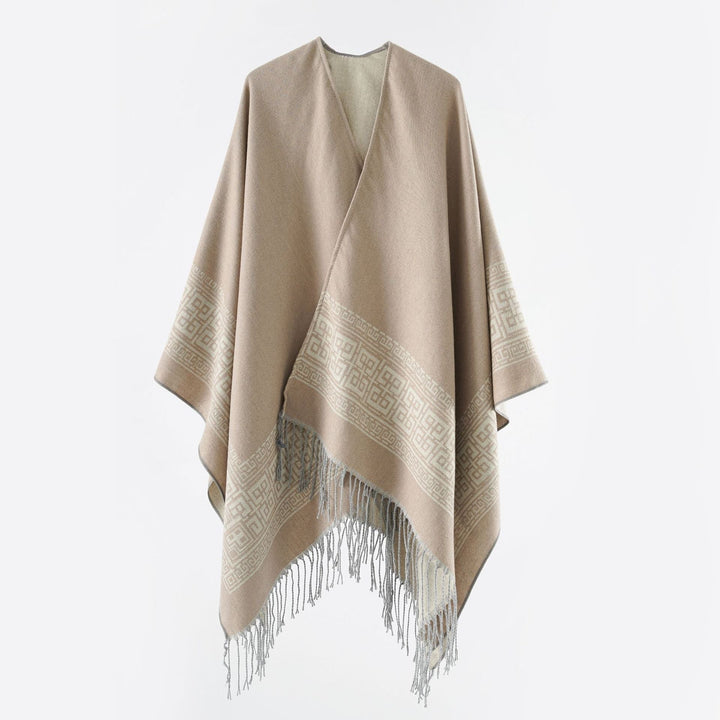 Dam Reversible ullblandning kimono stil Wrap med Ornamental Border och Decorative Fringes