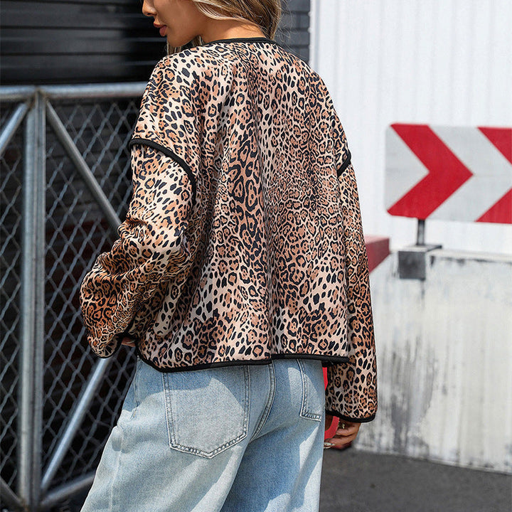 Dam lätt leopardprint Blouson med kontrast Piping och påsydda fickor