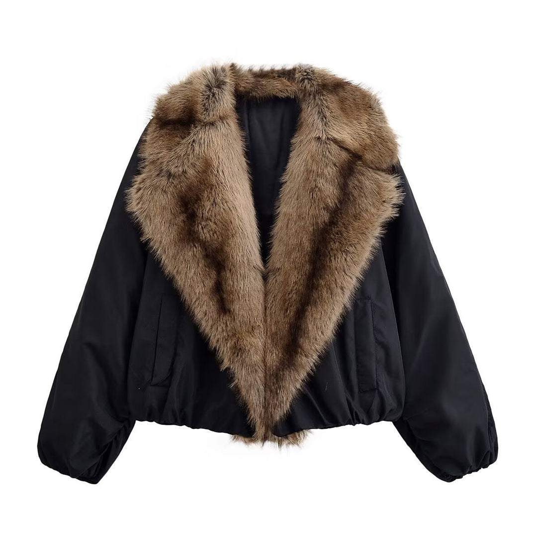 Dam Kort Quiltad Bomber Jacka med Voluminous Konstpäls Sjalrakrage