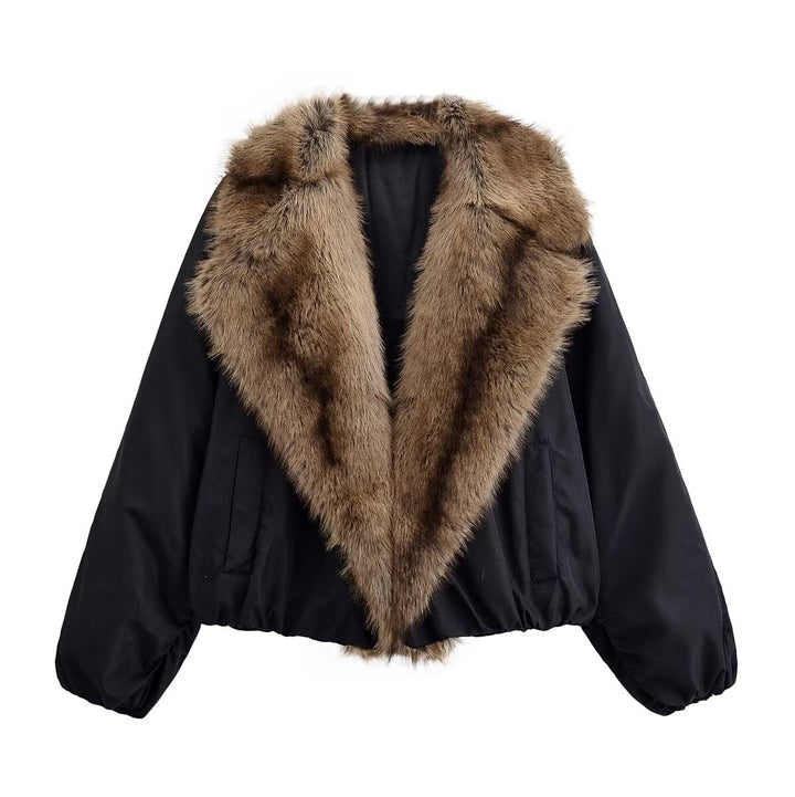 Dam Kort Quiltad Bomber Jacka med Voluminous Konstpäls Sjalrakrage
