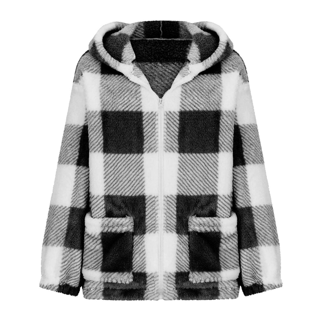 Dam tjock rutig teddy jacka med huva, front dragkedja och påsydda fickor