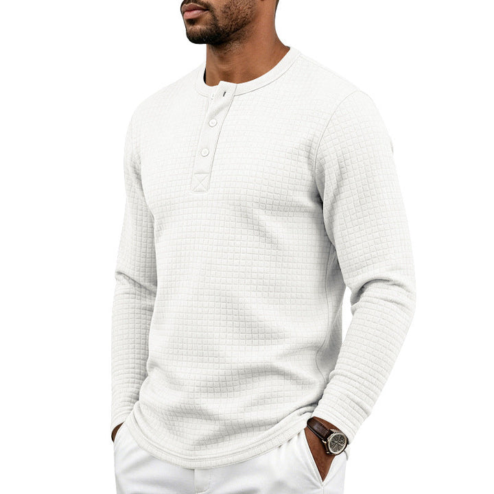 Herr Strukturerad Waffle Termisk Skjorta med Henley Knapplist och Rounded Fåll