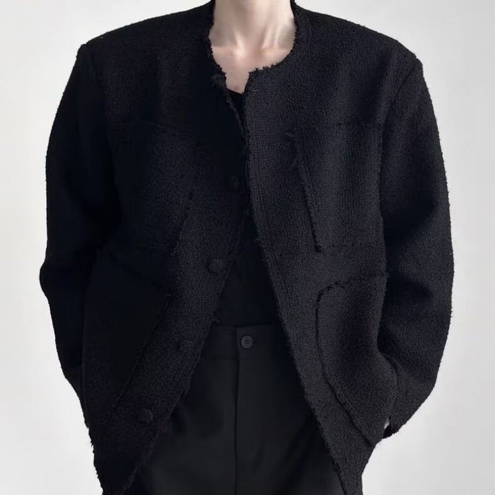 Dam oversize Boucle jacka utan krage med utanpåfickor och Raw Edge detaljer