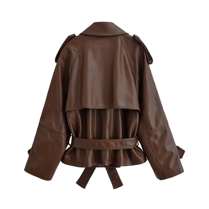 Dam Kort Konstläder Trenchcoat med Midjebälte och Axel Lappar