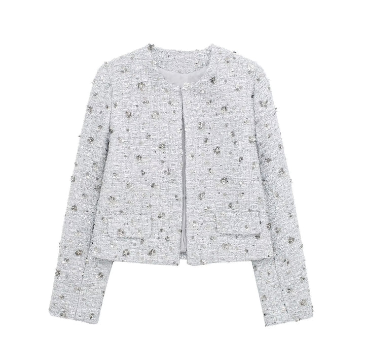 Dam kort-skärning Boucle Tweed jacka med floral sequin appliqué och öppen front