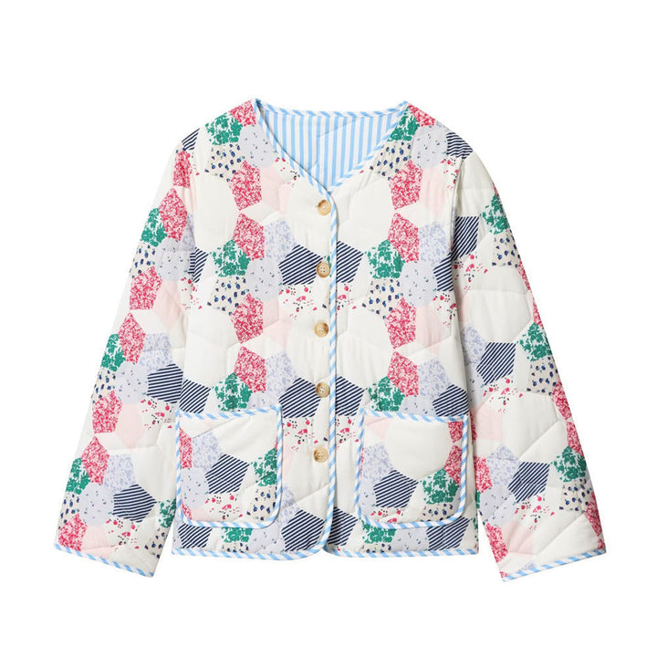 Dam kviltad kort jacka in Patchwork Quilt look med knappslå och utanpåfickor