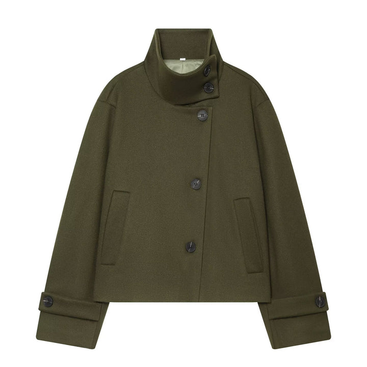 Dam Kort Ull Blouson Kappa med Hög Stå Krage och Knapp Knäppning