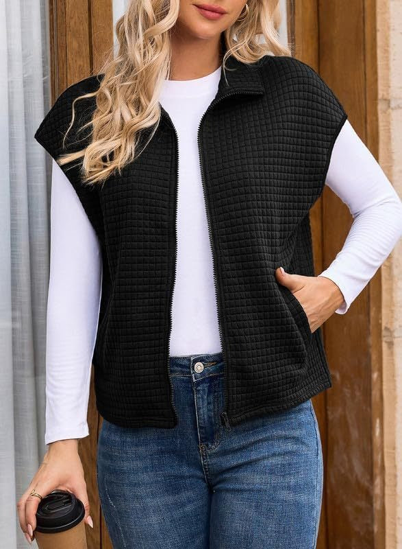 Dam Quiltad Väst med Strukturerad Waffle Look, Ståkrage och Hel-Length Dragkedja