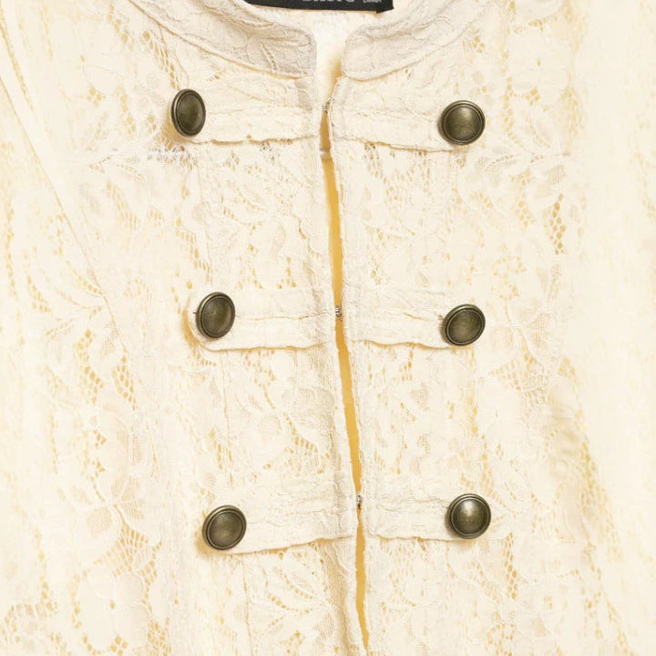 Dam Kort Lace Jacka i Military Look med Stå Krage och Dekorativ Knapp Knäppning