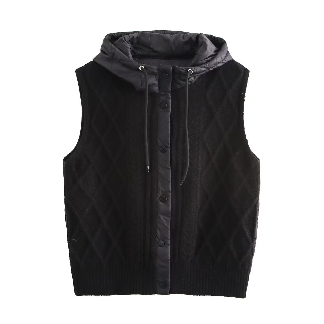 Dam Sleeveless Stickad Väst med Quiltad Huva och Tryckknapp Knapp Knäppning