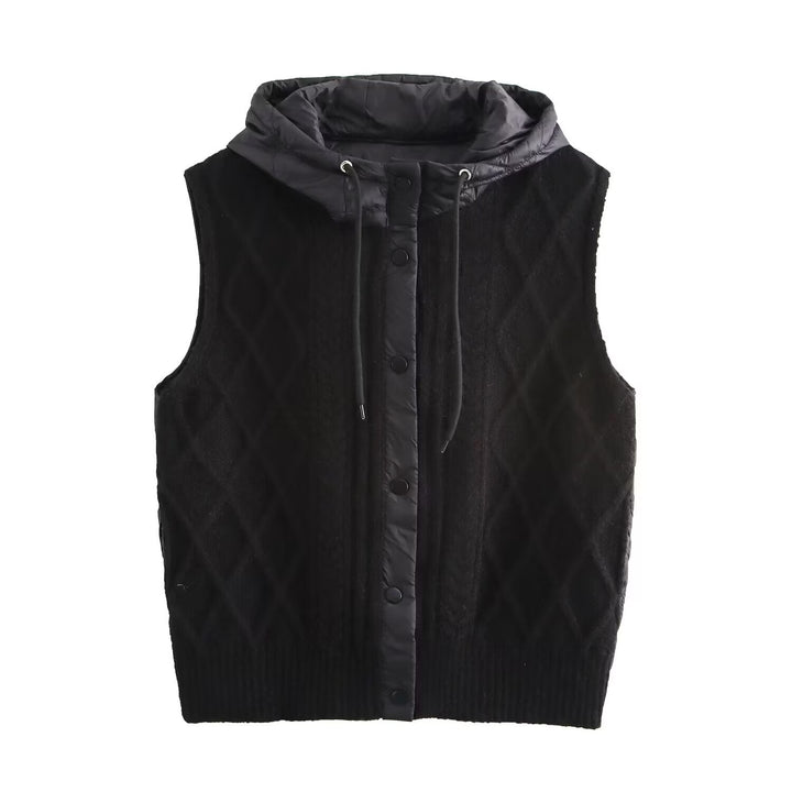 Dam Sleeveless Stickad Väst med Quiltad Huva och Tryckknapp Knapp Knäppning