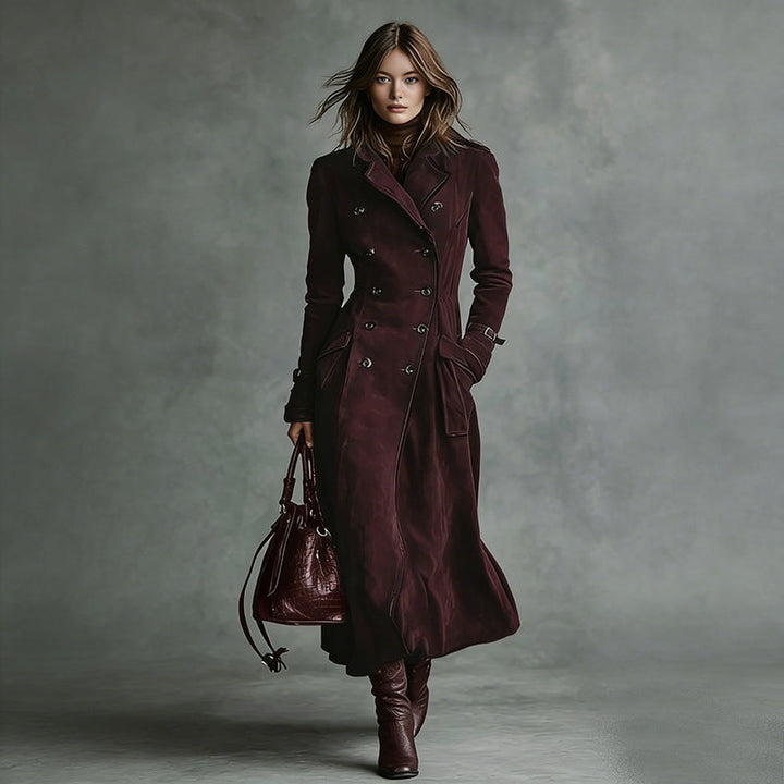 Dam längre skräddad trenchcoat in mocka look med Double-Breasted knappslå och Buckle muddar