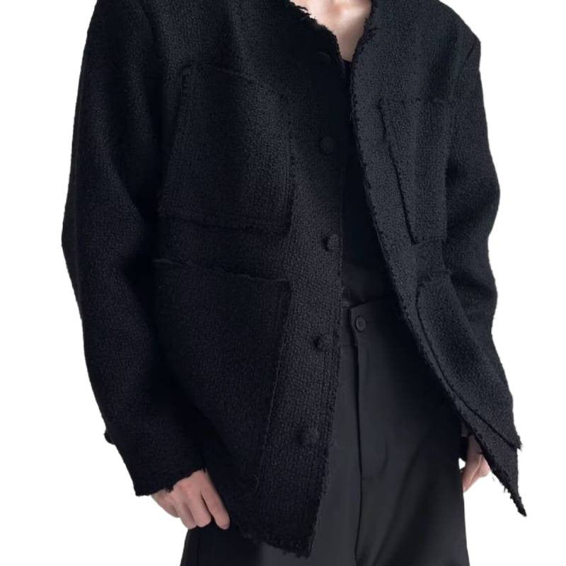 Dam oversize Boucle jacka utan krage med utanpåfickor och Raw Edge detaljer