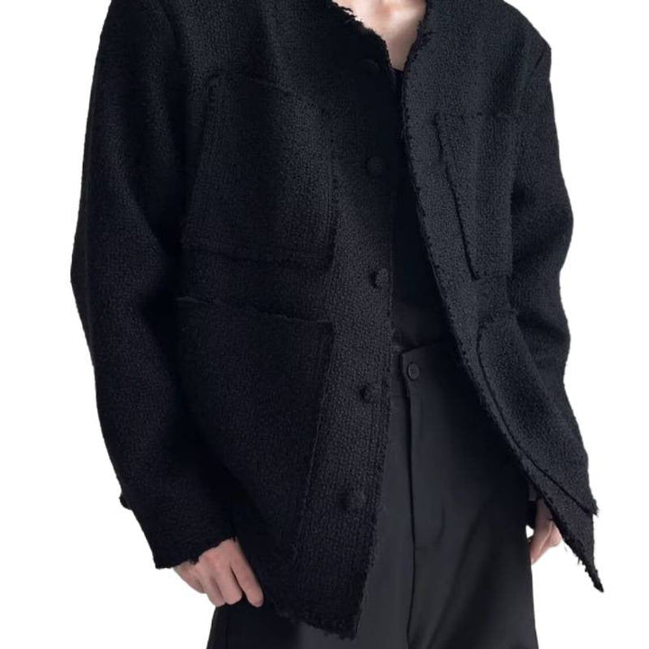 Dam oversize Boucle jacka utan krage med utanpåfickor och Raw Edge detaljer