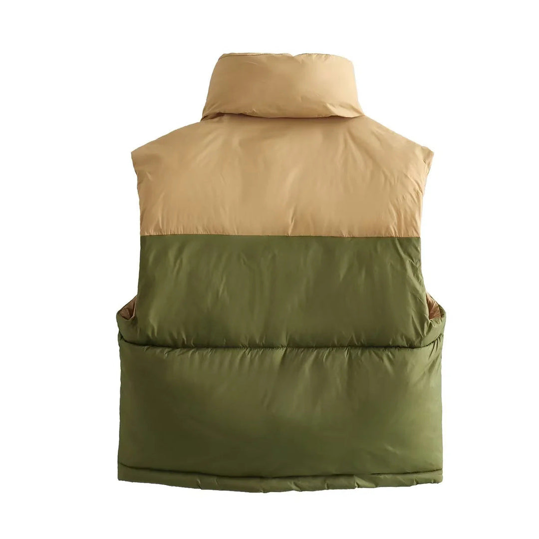 Dam sleeveless quiltad kort väst med high ståkrage, vadderad insulation, och adjustable drawstring fåll