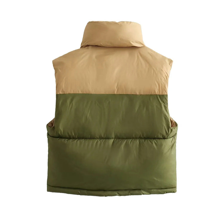 Dam sleeveless quiltad kort väst med high ståkrage, vadderad insulation, och adjustable drawstring fåll