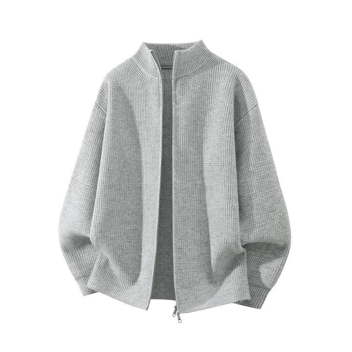 Herr Oversized Chunky Stickad Dragkedja Cardigan med Ståkrage och Tvåvägsdragkedja