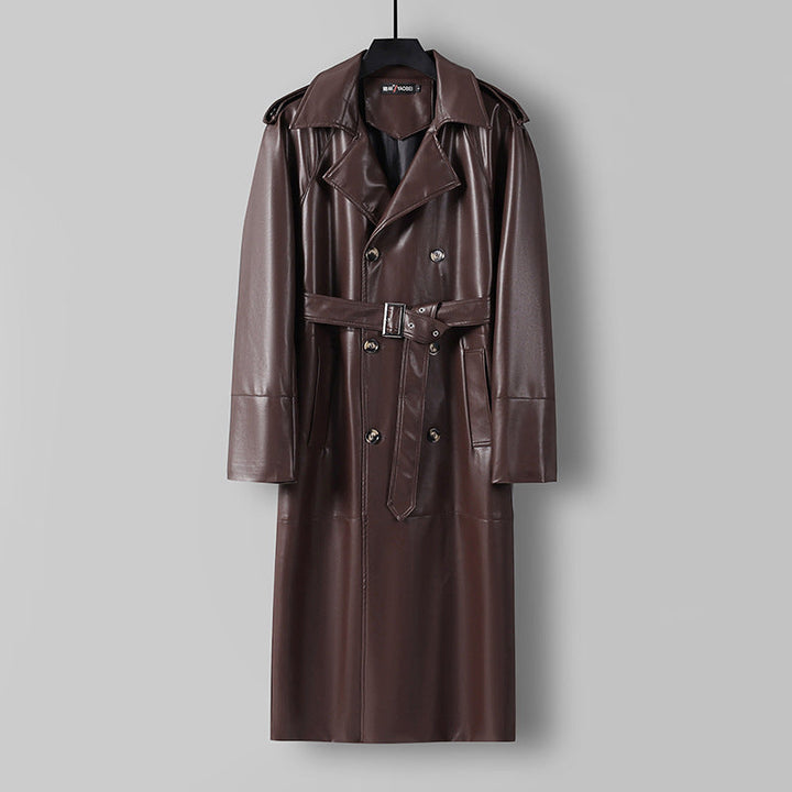 Herr Lång Läderimitation Trench Kappa med Dubbel Breasted, Belted Midja och Axelklaffar