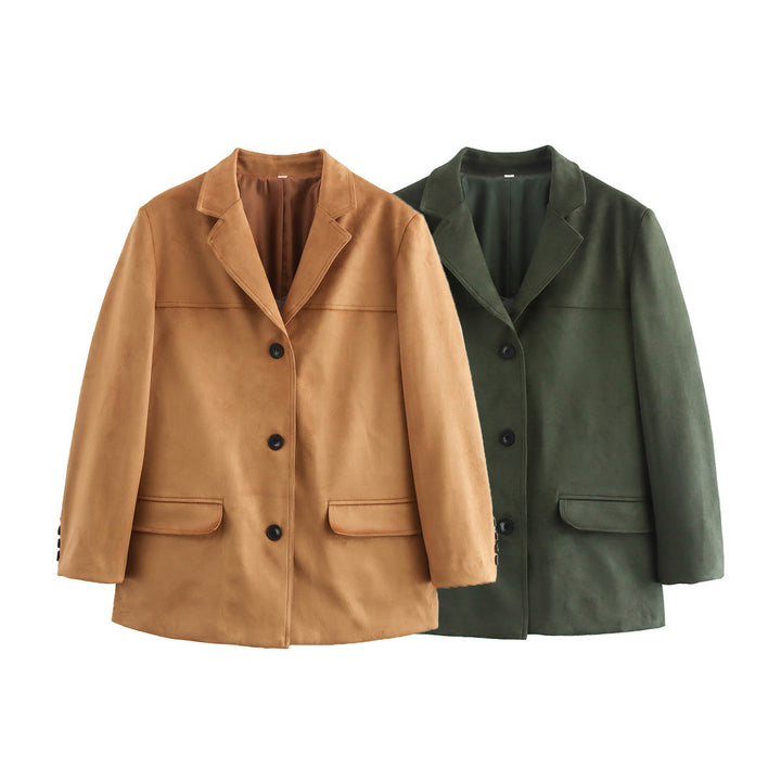 Dam cropped mocka blazer med lapel krage och påsydda fickor