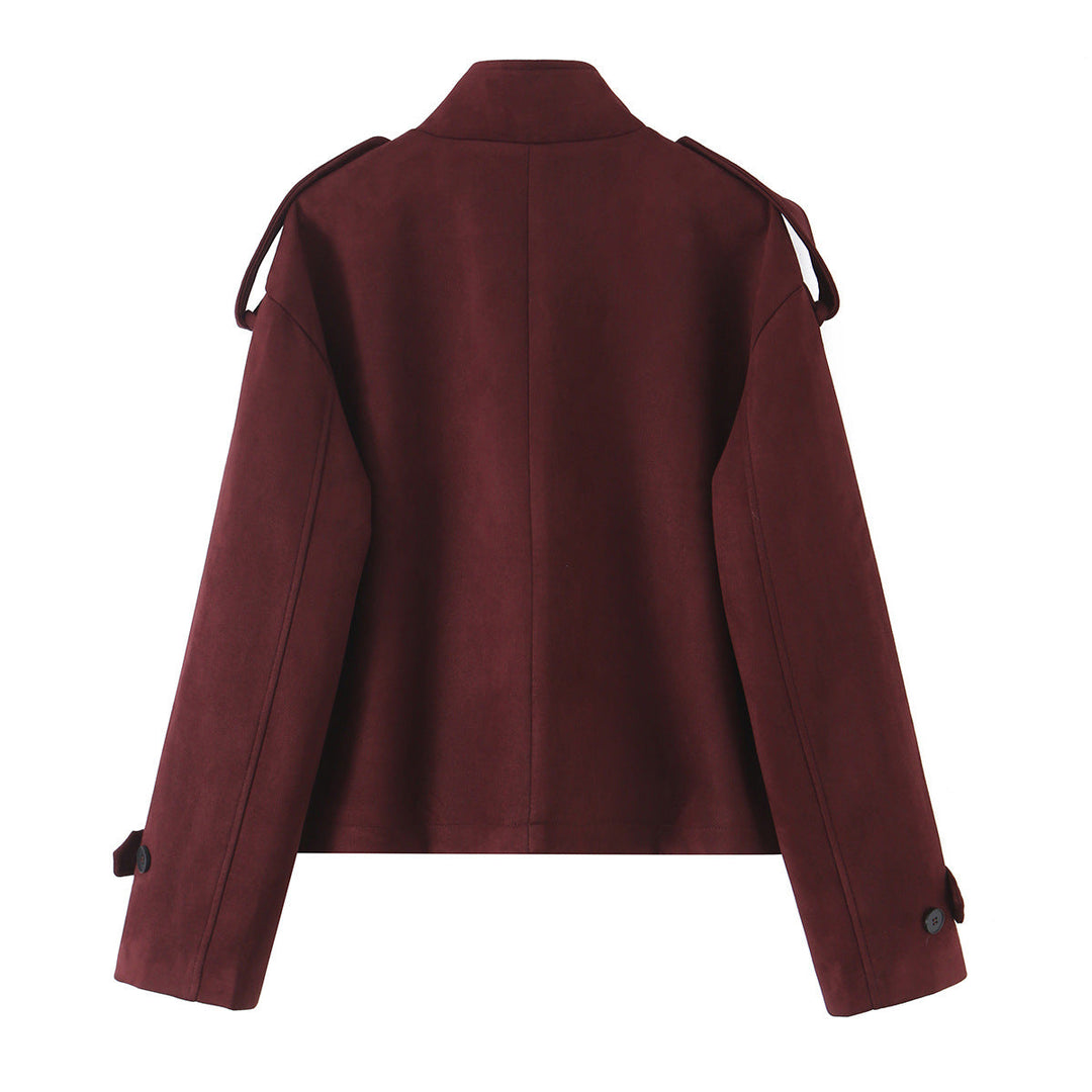 Dam Kort Jacka i Suede Look med Stå Krage, Shoulder Flaps och Patch Fickor