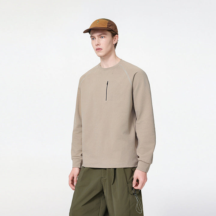 Herr Crew Neck College-Tröja med Bröst Dragkedja, Perforated Utility Lock, och Avslappnad Passform
