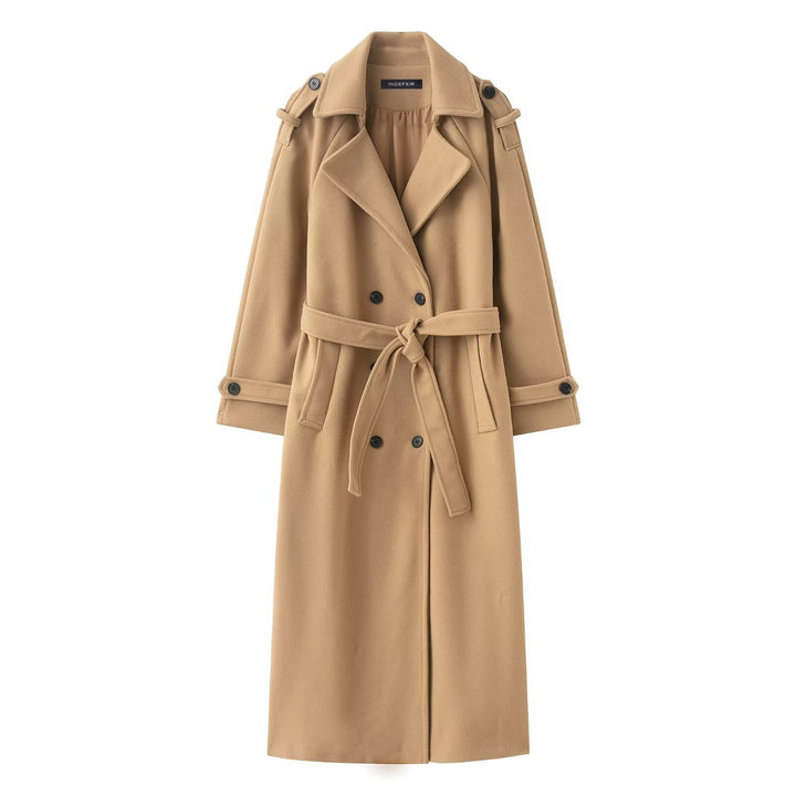 Dam 100+ Double-Breasted Maxi Lång Kappa i Trench Stil med Tie Belt