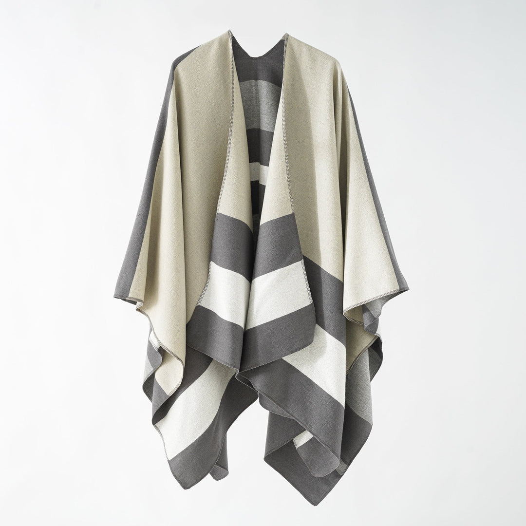 Dam Oversize Ruana i Cape stil tillverkad av ull look med Geometric Block Stripes