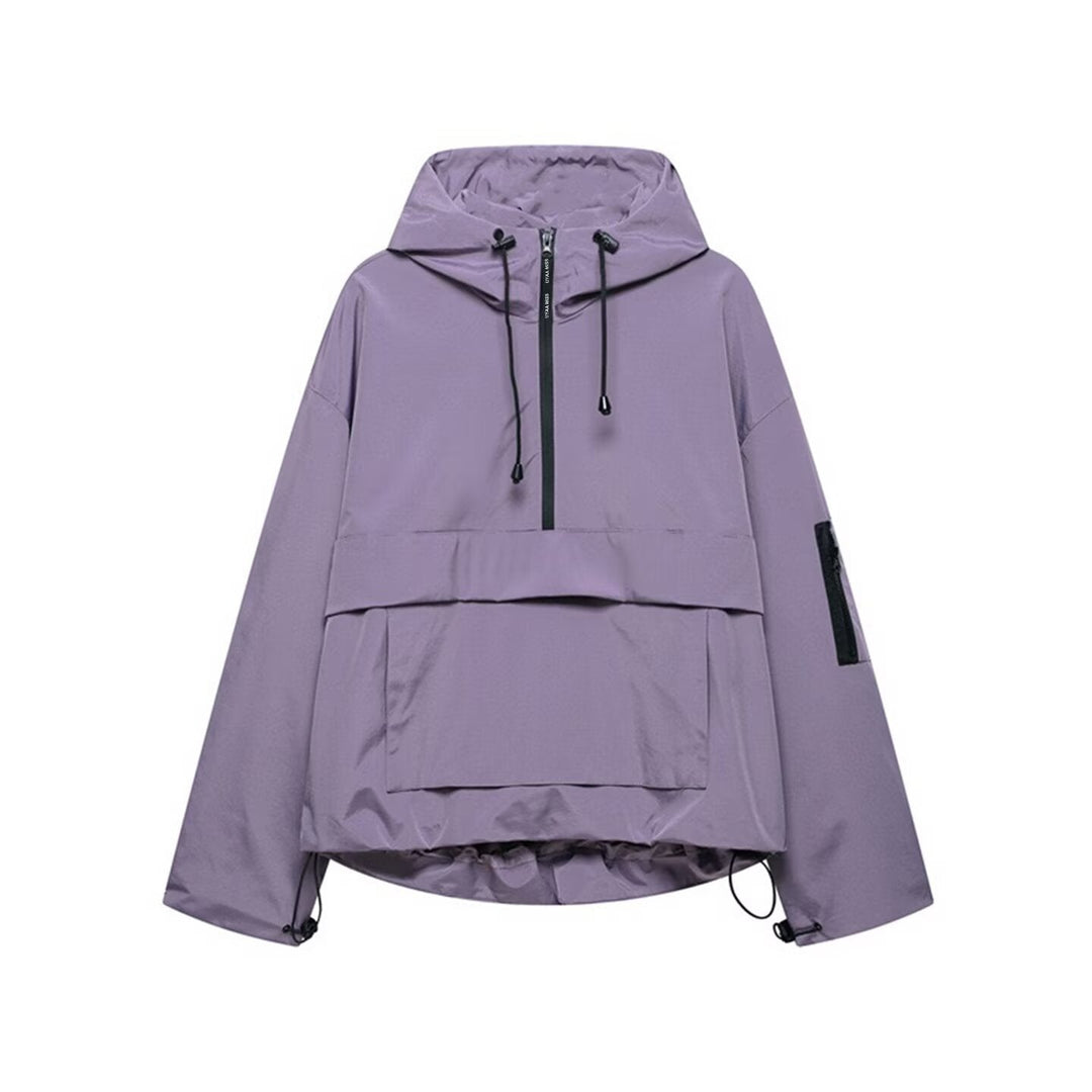 Dam Oversized Vindjacka-Anorak med Huva, Halv Dragkedja och Känguruficka