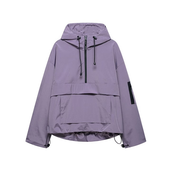 Dam Oversized Vindjacka-Anorak med Huva, Halv Dragkedja och Känguruficka