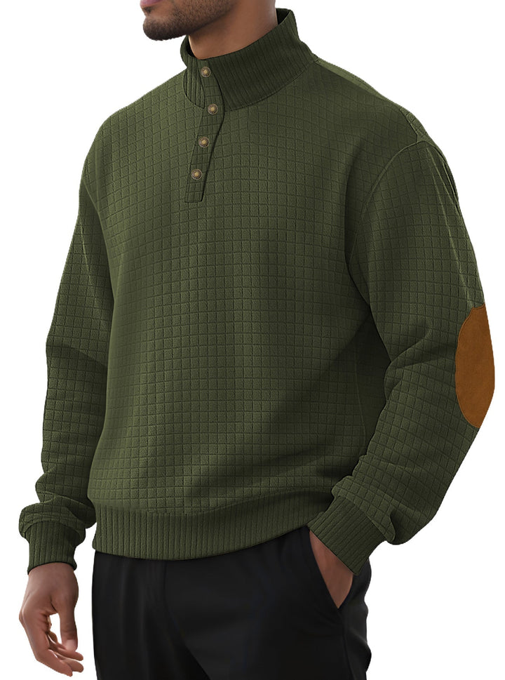 Herr Plaid Quiltad College-Tröja med Henley Slå, Hög Ståkrage, och Velour Elbow Lappar