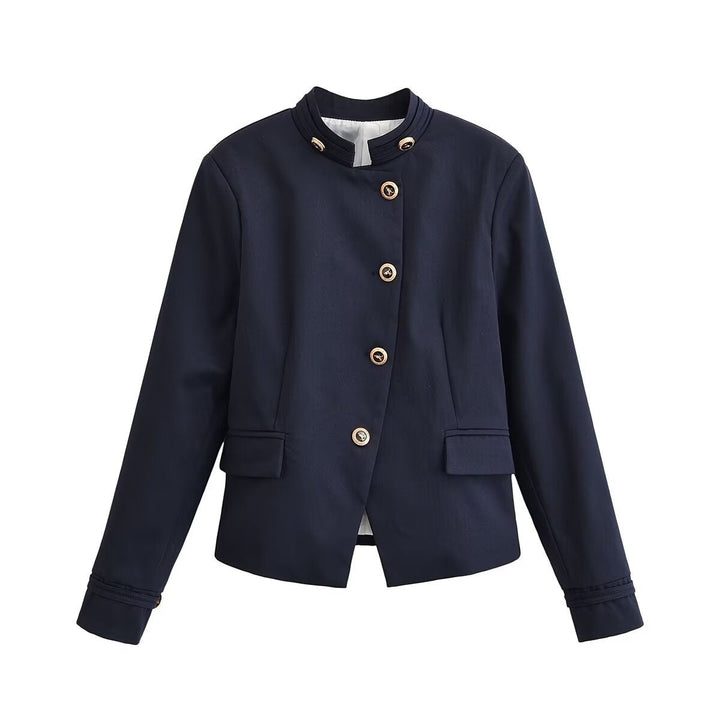 Dam Elegant Tailored Kort Jacka i Navy Stil med Stå Krage, Dekorativ Knapp Knäppning och Lock Fickor