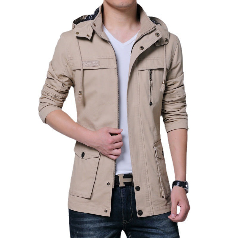 Herr Utility Canvas Jacka med Huva, Zip Fram och Flera Fickor