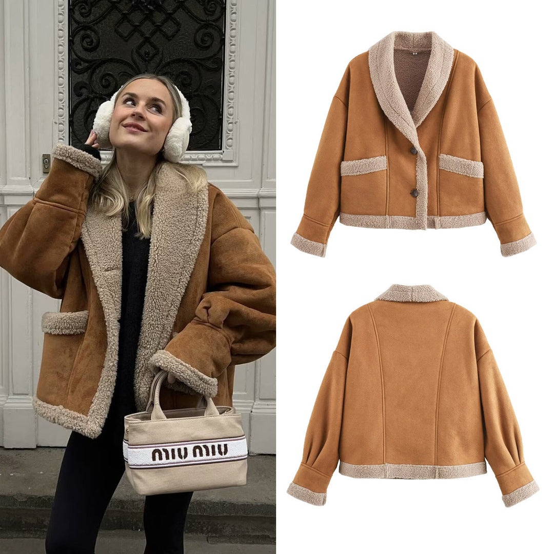 Dam Kort Jacka med Teddy Foder, Shawl Krage, och Oversize Skärning