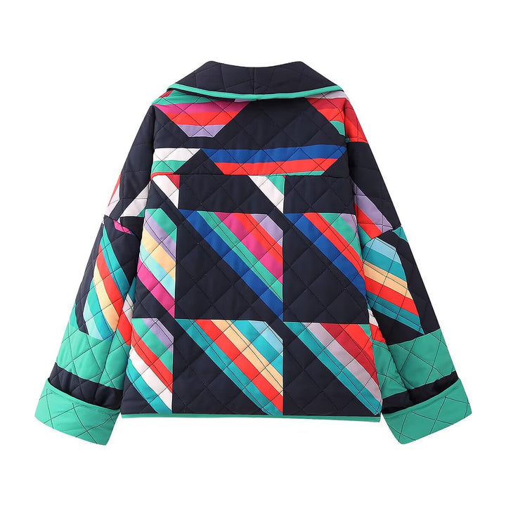 Dam Oversize Quiltad Kimono Jacka med Geometric Color Block Tryck och Wide Ärm Skärning