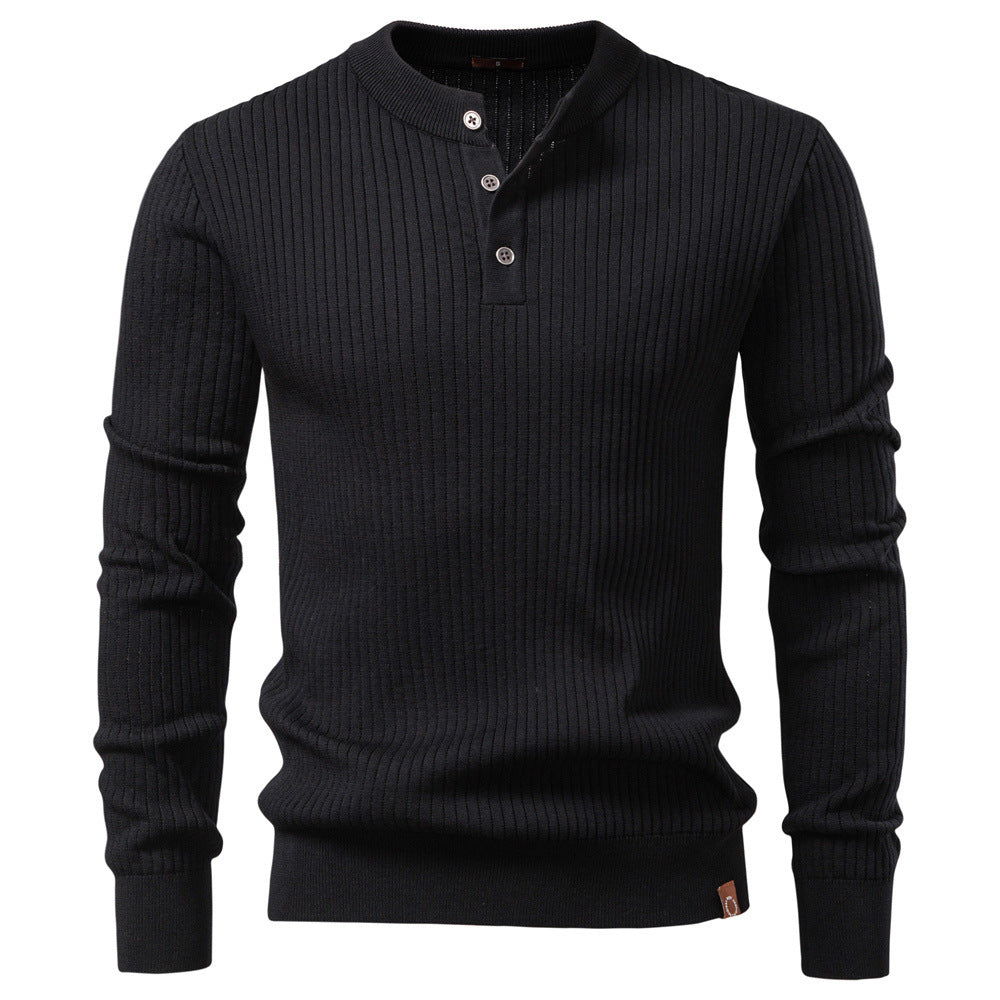 Herr Ribbad Lång-Ärm Henley Pullover med Ståkrage, Fin Rib Stickad och Smal Passform
