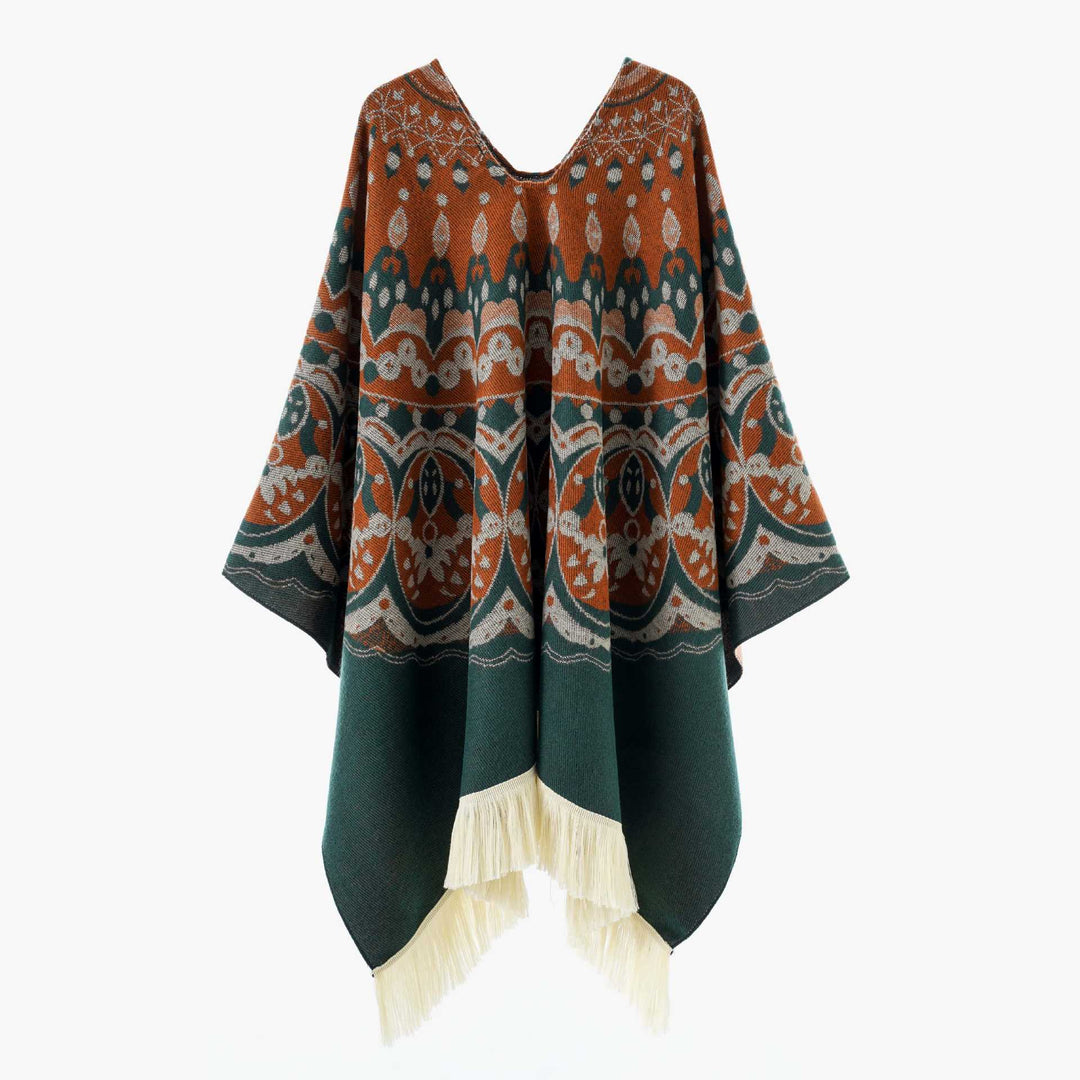 Dam Woven Jacquard poncho med V-Neck, Ethno tryck och Fringes