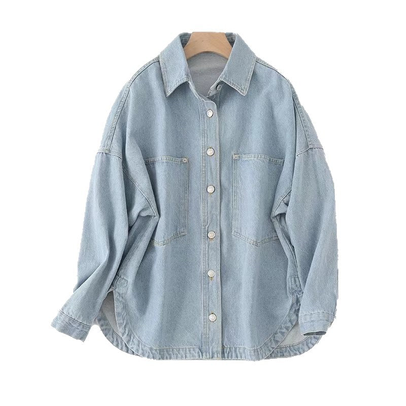 Dam Oversize Jeans Skjortjacka med Patch Fickor och Rounded Nederkant