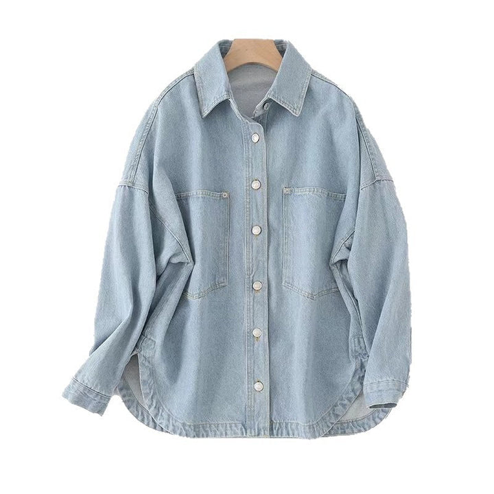 Dam Oversize Jeans Skjortjacka med Patch Fickor och Rounded Nederkant