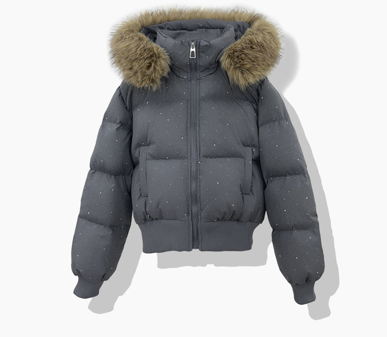 Dam kort quiltad puffer blouse med fine rhinestone embellishment, detachable huva med fuskpäls och elastisk fåll