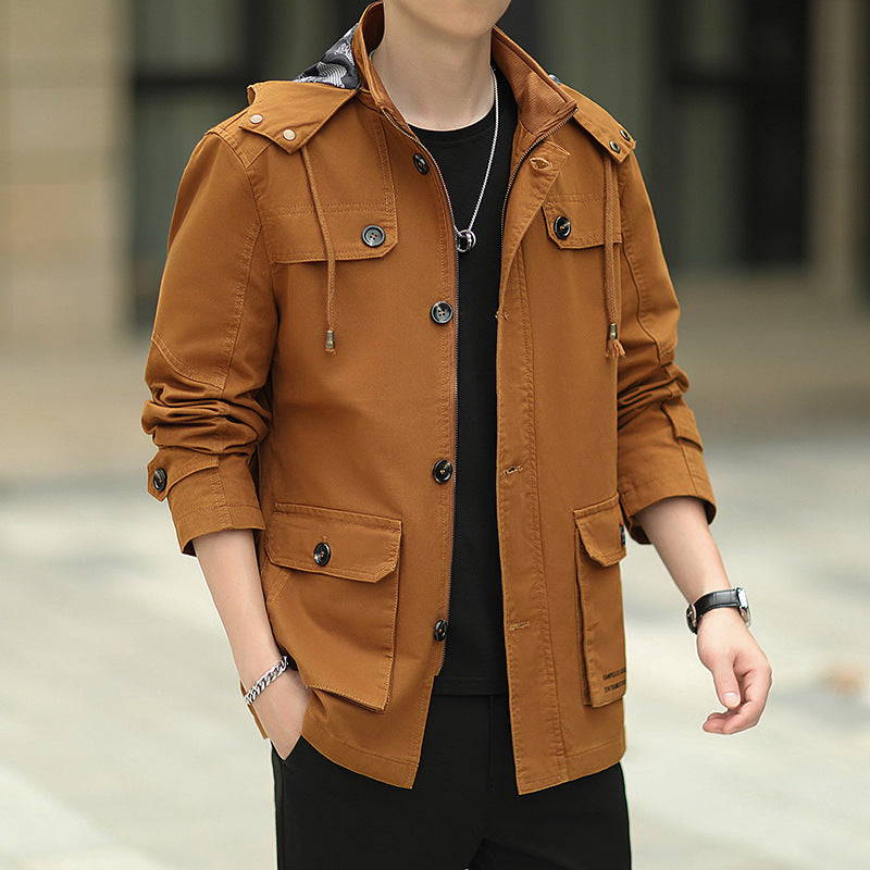 Herr Övergångs Parka i Fält Design med Huva, Lock Fickor och Arm Straps