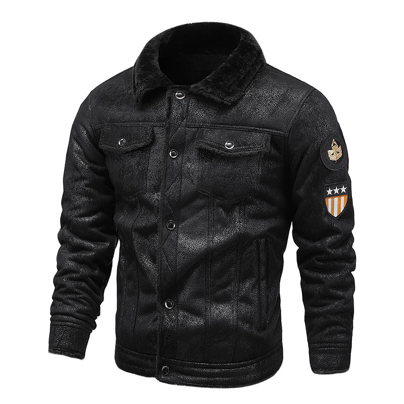 Herr pilot jacka tillverkad av synthetic läder med teddy päls foder och patch
