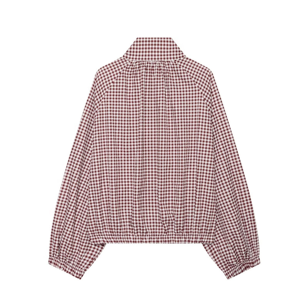 Dam Kort Skärning Checked Skjortjacka med Stå Krage, Raglan Ärmar och Drawstring